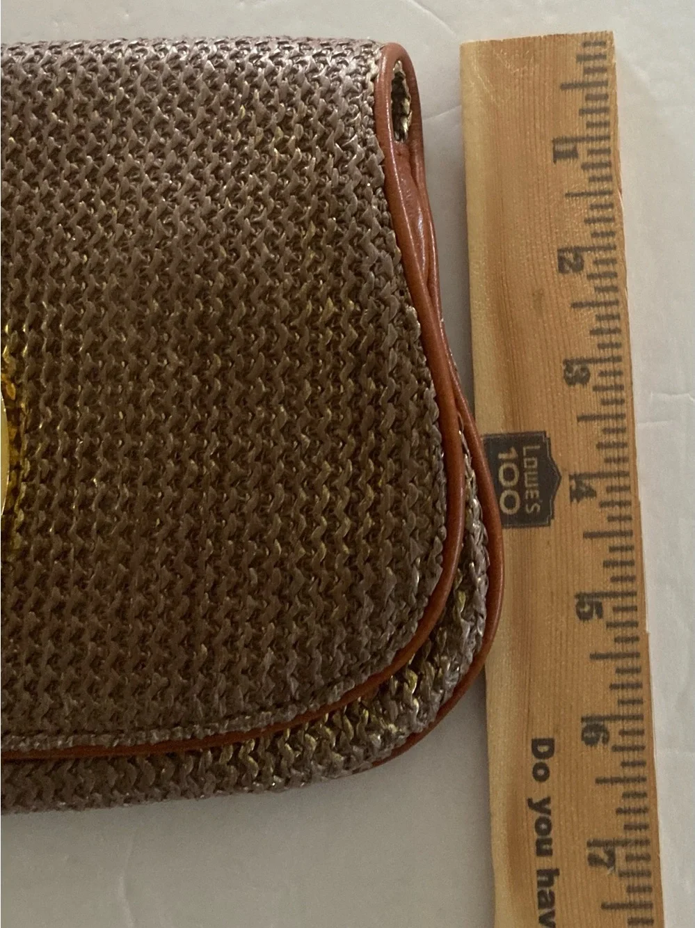 Tory Burch Brown/Gold Woven metallic body,fold over Clutch with big Gold Emblem
